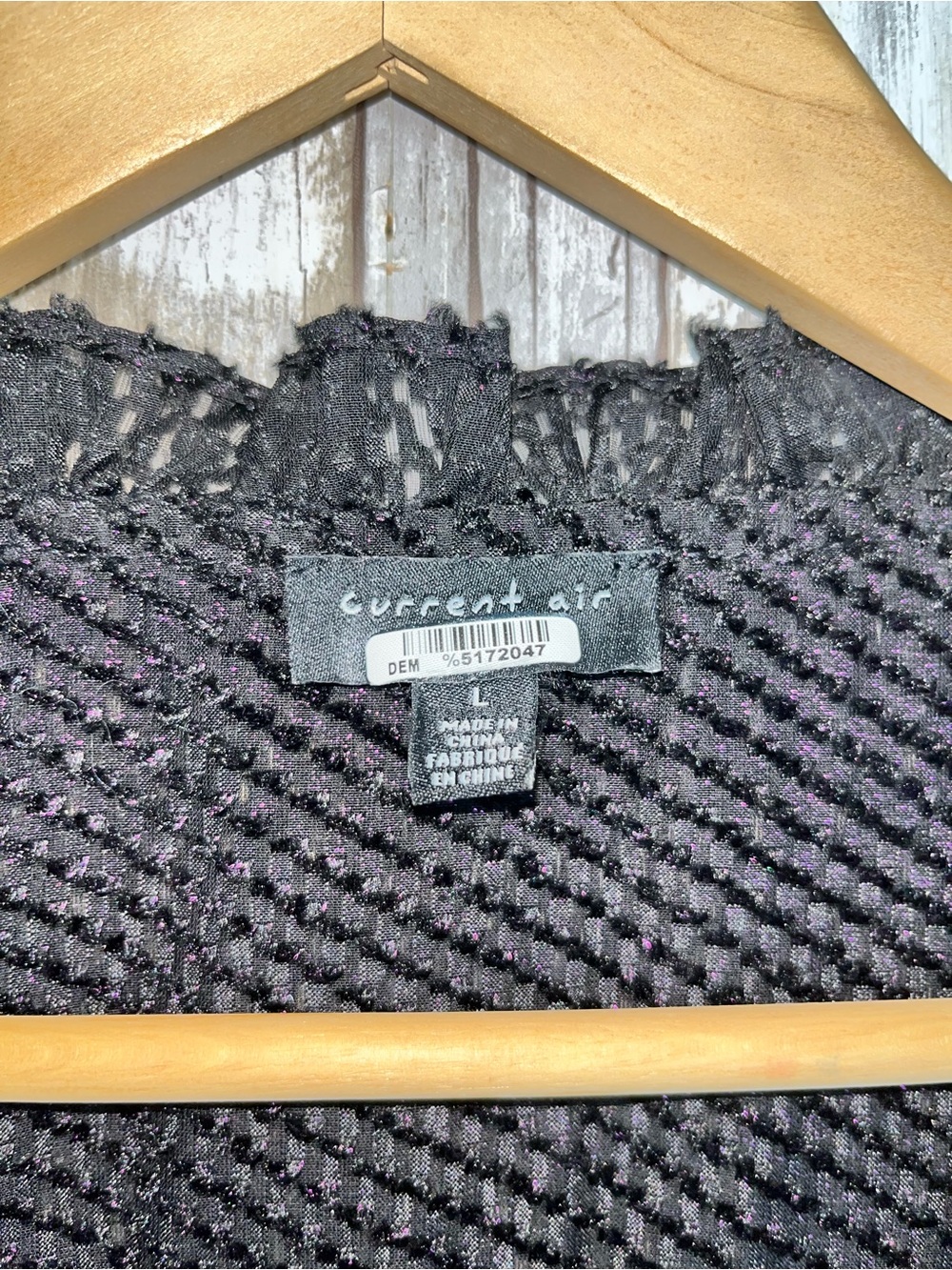 Current Air Black Textured Blouse Large Sheer Ruffle Neck Button Front Boho Top - Picture 5 of 6